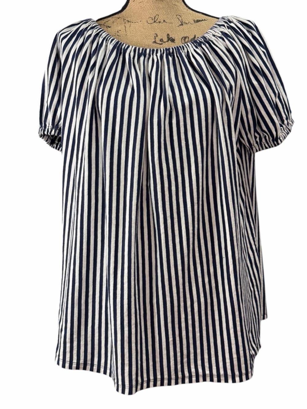Mark D Sikes. Navy & White Striped Peasant Neckline Top.  EC. Size X-Large